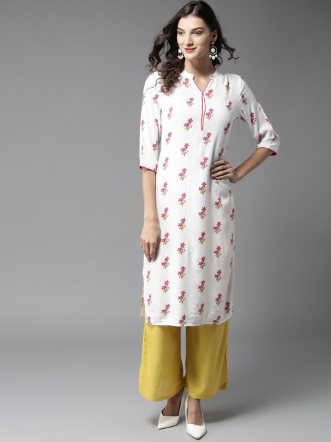 

HERE&NOW Women White & Magenta Printed Straight Kurta