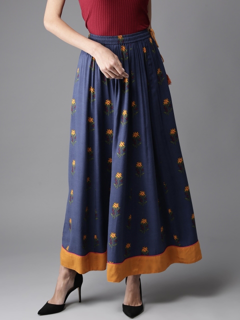 

HERE&NOW Women Navy & Orange Printed Maxi Flared Skirt, Navy blue