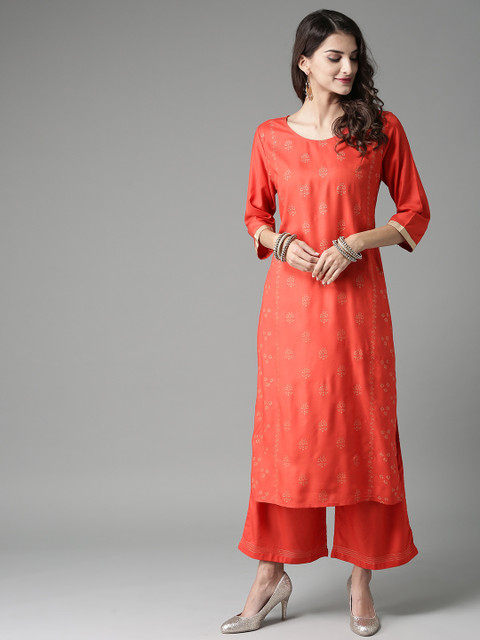 

HERE&NOW Women Red & Golden Printed Kurta with Palazzos