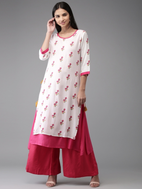 

HERE&NOW Women White & Pink Printed Layered Kurta with Palazzos