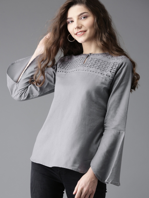 

Moda Rapido Women Grey Solid Top with Embroidered Detail