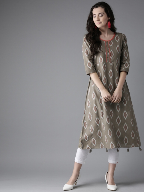 

Moda Rapido Women Taupe & White Printed A-Line Kurta