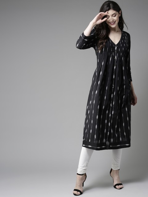 

Moda Rapido Women Black & White Striped A-Line Kurta