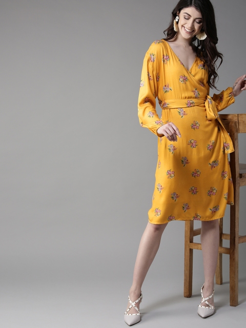 

Moda Rapido Women Mustard Yellow Printed Wrap Dress