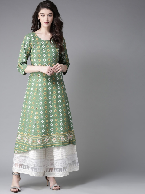 

Moda Rapido Women Green & White Printed A-Line Kurta