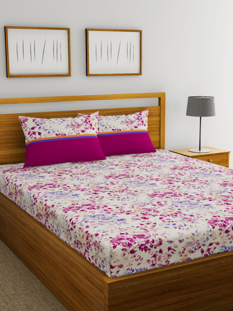 

Trident White & Pink Floral Flat 144 TC Cotton 1 Queen Bedsheet with 2 Pillow Covers