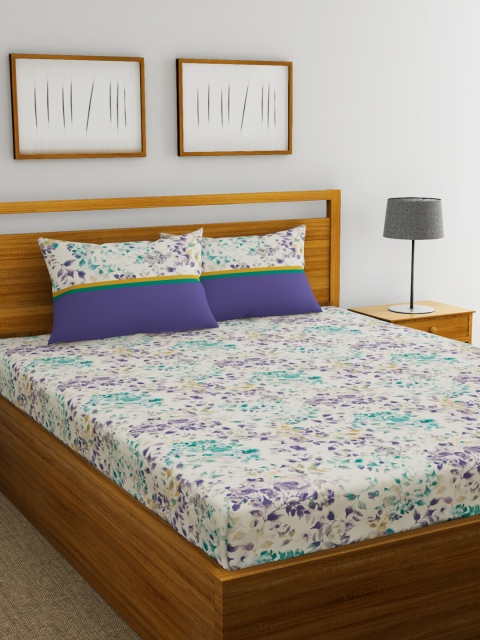 

Trident White & Purple Floral Flat 144 TC Cotton 1 Queen Bedsheet with 2 Pillow Covers