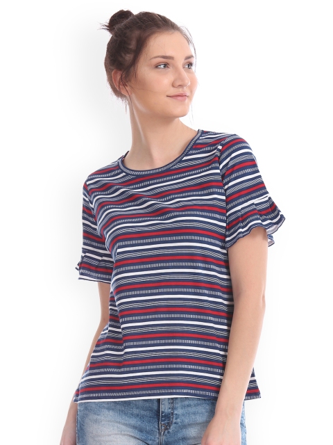 

U.S. Polo Assn. Women Women Navy Blue & Red Striped Round Neck T-shirt