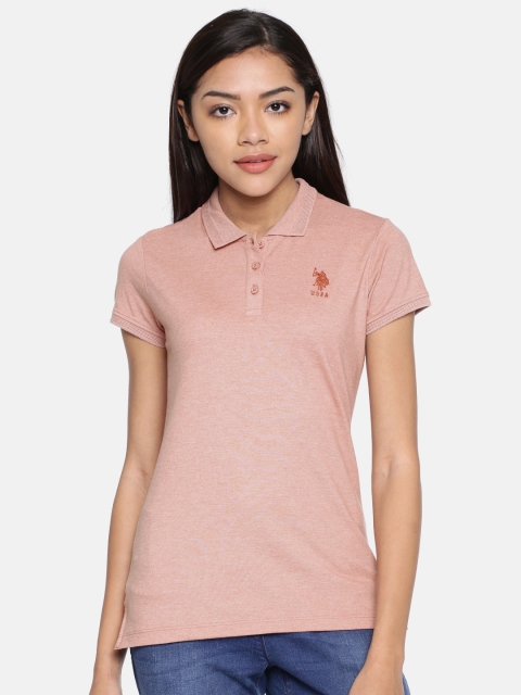 

U.S. Polo Assn. Women Women Peach-Coloured Solid Polo Collar T-shirt