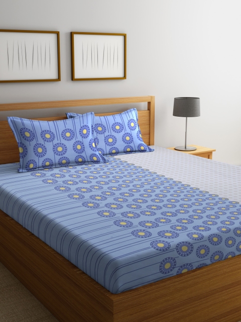 

BOMBAY DYEING Blue Geometric Flat 104 TC Cotton 1 King Bedsheet with 2 Pillow Covers