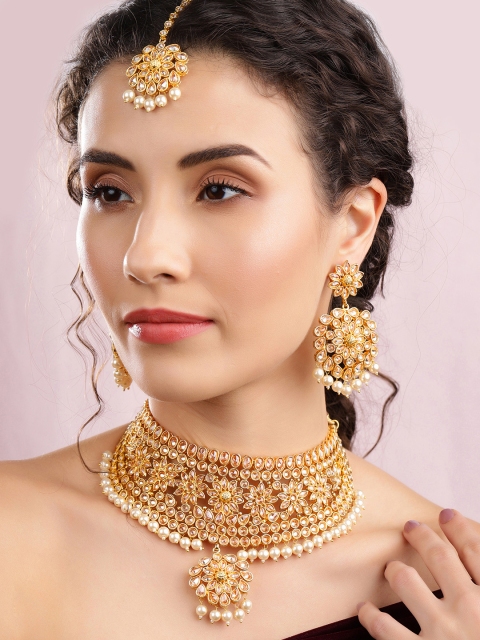 

Rubans Gold Plated AD Studded Embellished With Pearls Bridal Necklace Set