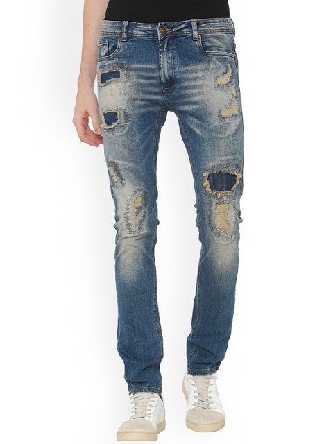 

Rex Straut Jeans Men Blue Slim Fit Mid-Rise Highly Distressed Jeans
