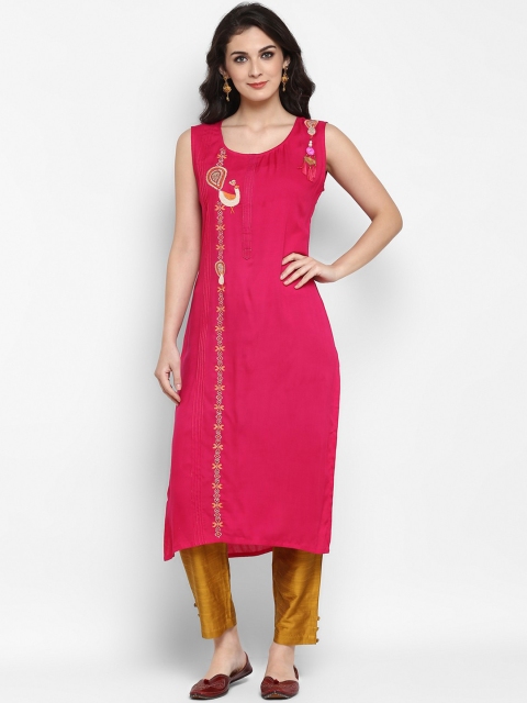 

Pannkh Women Pink Embroidered Straight Kurta