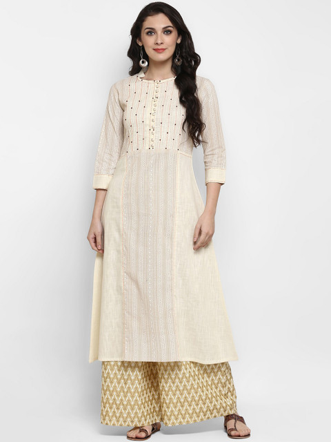 

Pannkh Women Off-White Embroidered A-Line Kurta