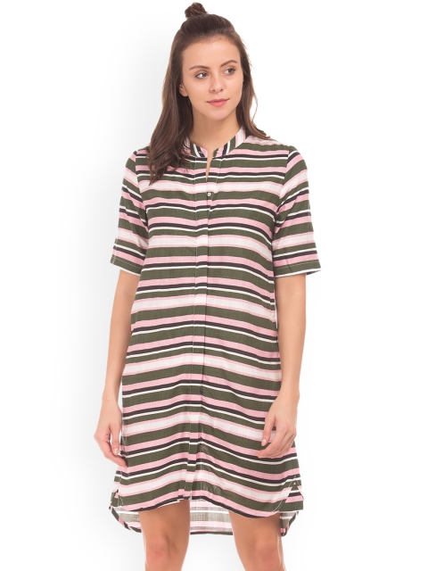 

Cherokee Women Green Striped Shirt Dress
