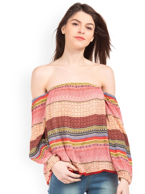 

Cherokee Women White & Red Printed Bardot Top