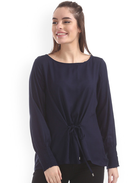 

Cherokee Women Blue Solid Cinched Waist Top
