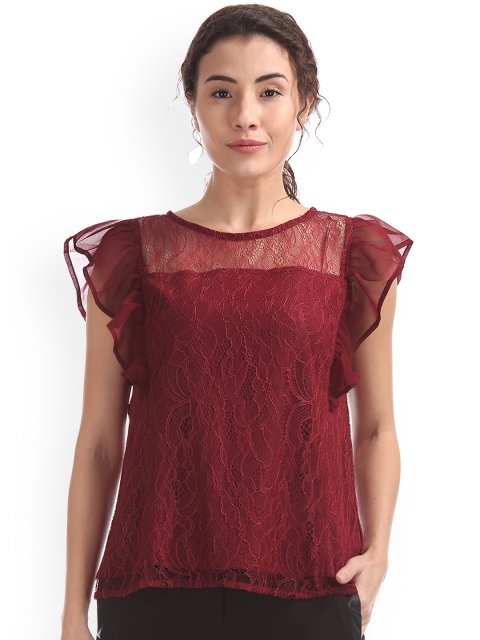 

ELLE Women Maroon Self Design A-Line Top