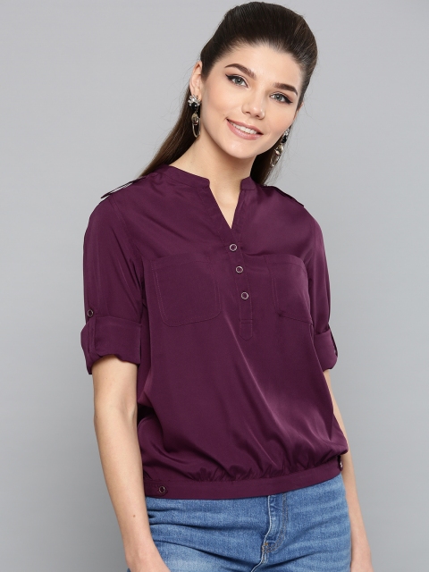 

Harpa Women Aubergine Solid Blouson Top, Purple