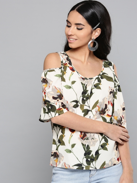 

Harpa Women Off-White & Green Printed Cold-Shoulder Top
