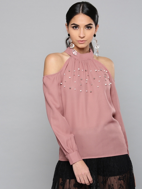 

Harpa Women Dusty Pink Solid Cold Shoulder Top