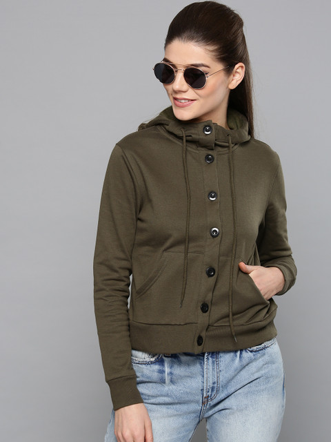

Harpa Women Olive Green Solid Hooded Sweatshirt