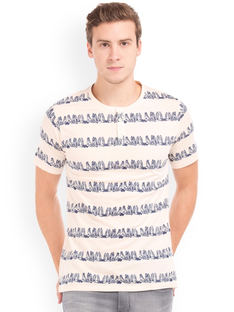 

Colt Men Beige & Blue Striped Henley Neck T-shirt