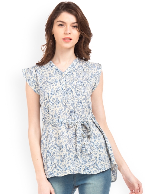 

Cherokee Women White & Blue Printed High-Low Top