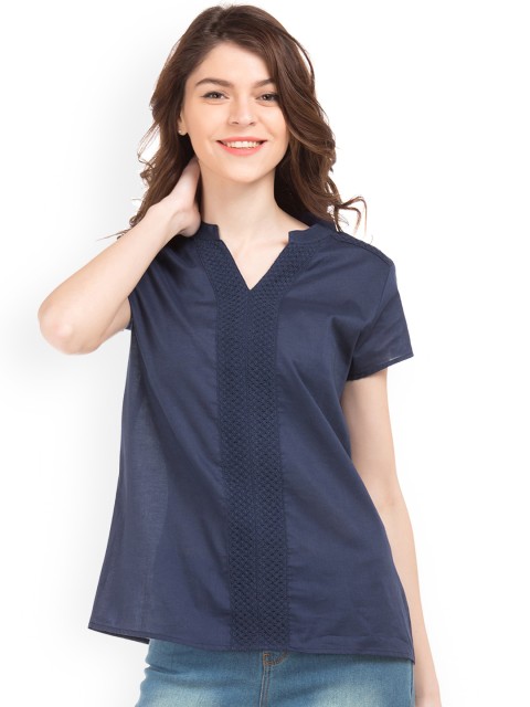 

Cherokee Women Navy Blue Solid Pure Cotton Top