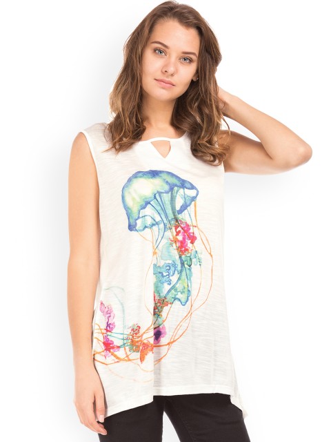 

Cherokee Women White Printed Keyhole Neck A-Line Top