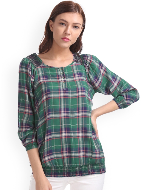 

Cherokee Women Green Checked Blouson Top