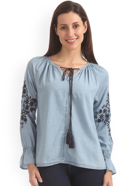 

Cherokee Women Blue Solid Pure Cotton Top
