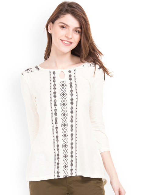 

Cherokee Women White Printed Keyhole Neck High-Low Pure Cotton Top