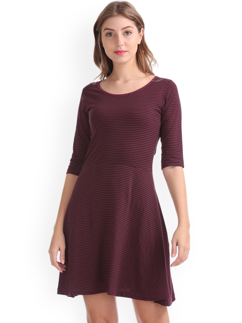 

Sugr Women Burgundy Striped Fit and Flare Dress