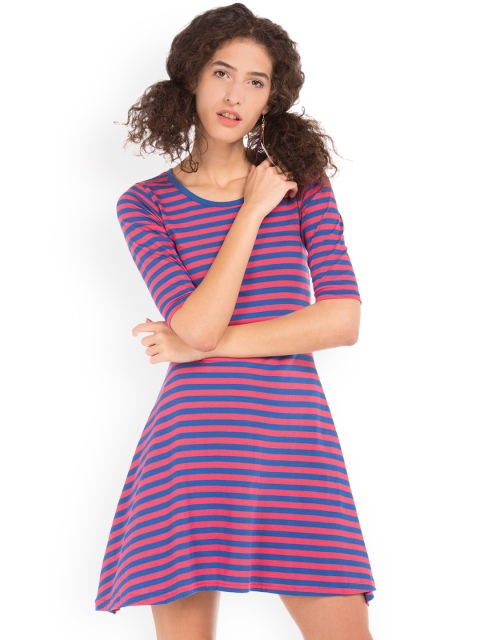 

Sugr Women Blue Striped Fit and Flare Dress