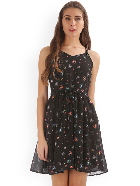 

Sugr Women Black Printed Fit and Flare Dress