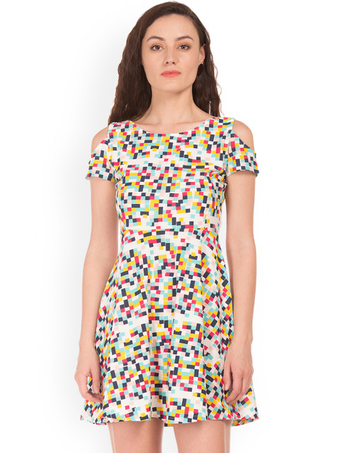 

Sugr Women White Printed Fit and Flare Dress