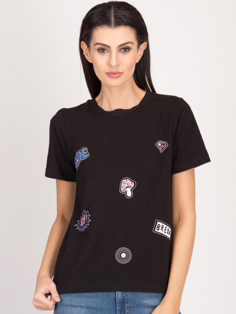 

Magzayra Women Black Printed Round Neck T-shirt