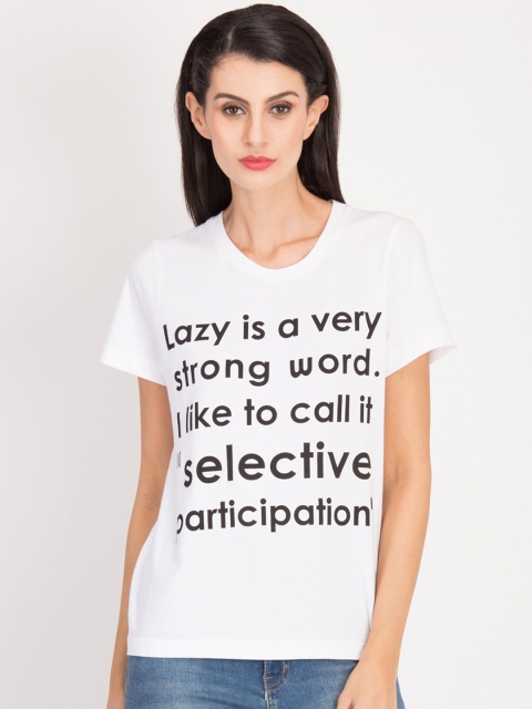 

Magzayra Women White Printed Round Neck T-shirt