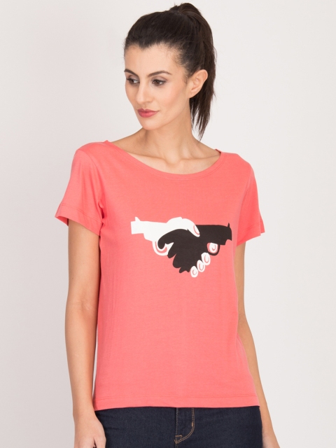 

Magzayra Women Peach-Coloured Printed Round Neck T-shirt