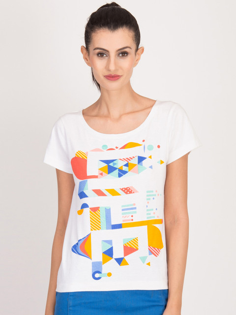

Magzayra Women White Printed Round Neck T-shirt