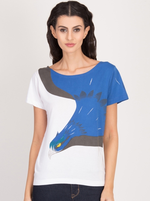 

Magzayra Women White & Blue Printed Round Neck T-shirt