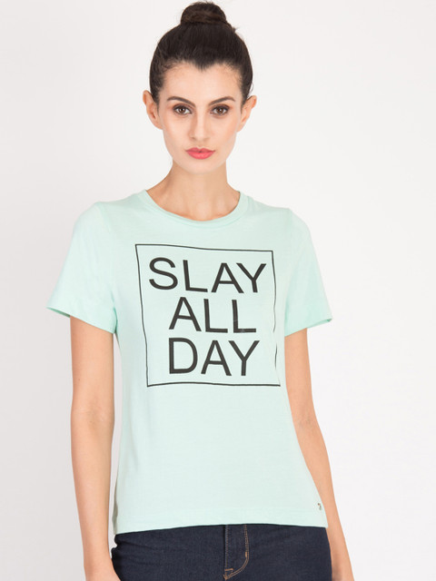 

Magzayra Women Blue Printed Round Neck T-shirt