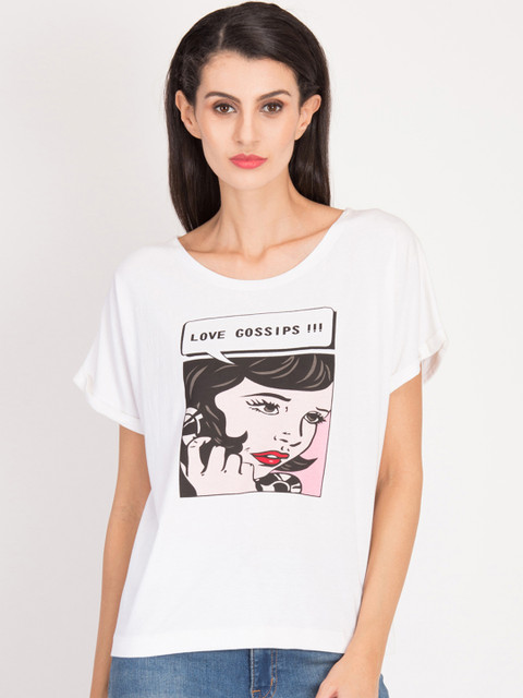 

Magzayra Women White Printed Round Neck T-shirt