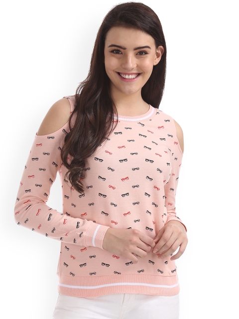 

Sugr Women Peach-Coloured Printed Cold-shoulder Top