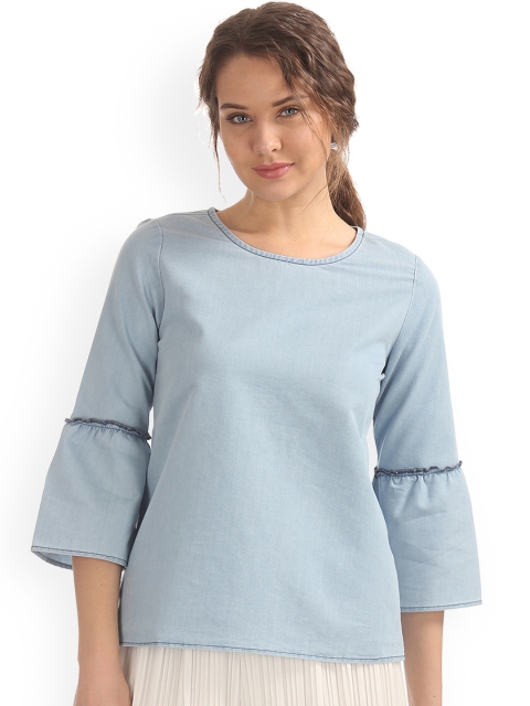 

Sugr Women Blue Solid Chambray A-Line Pure Cotton Top