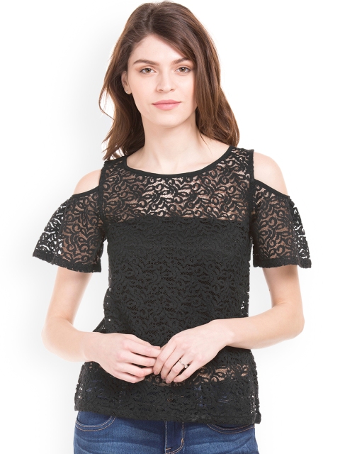 

Sugr Women Black Self Design Cold-Shoulder Sleeves Top