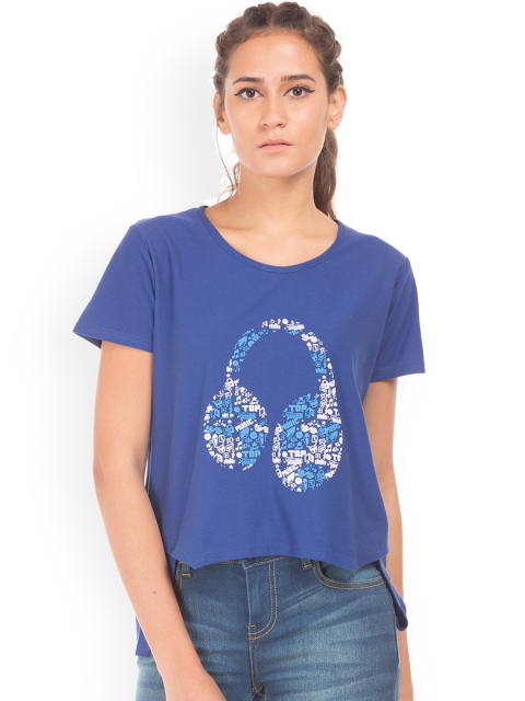 

Sugr Women Blue Printed High-Low Pure Cotton Top