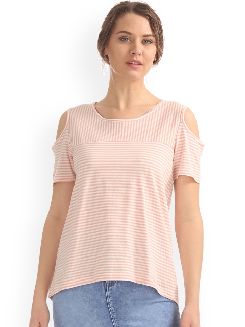 

Sugr Women Peach-Coloured Striped Styled Back Cold-shoulder Pure Cotton Top