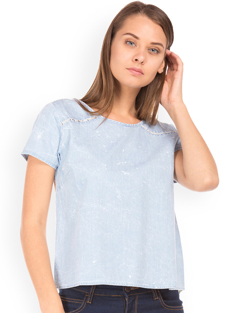 

Sugr Women Blue Printed Chambray Top